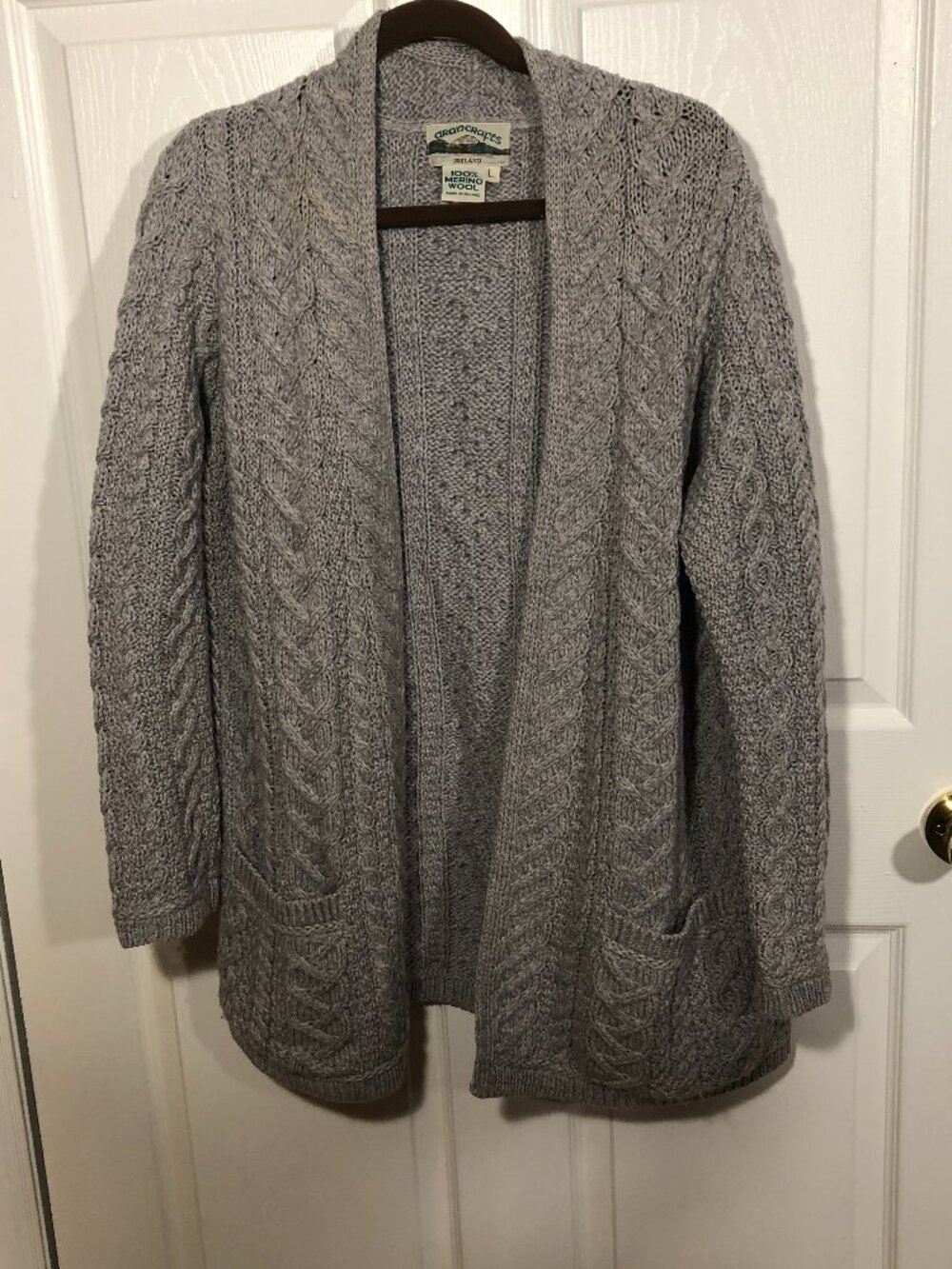 Aran Crafts Ireland 100% Merino Wool Cable Knit Long Cardigan wrap-up Beige knit